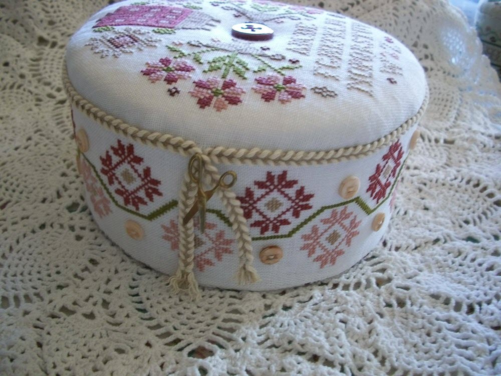Summer House pincushion finished as a drum.