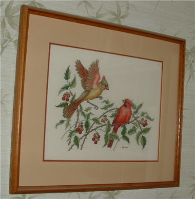 Picture of Red Birds and Raspberries Counted Cross Stitch Picture.